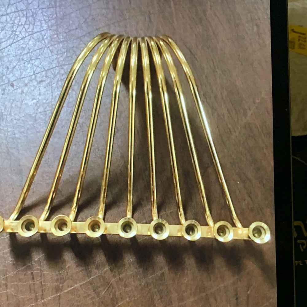 New Karshi 24 Karat Gold Plated Metal 8 Arm Menorah. Jerusalem 5" X 9.5"
